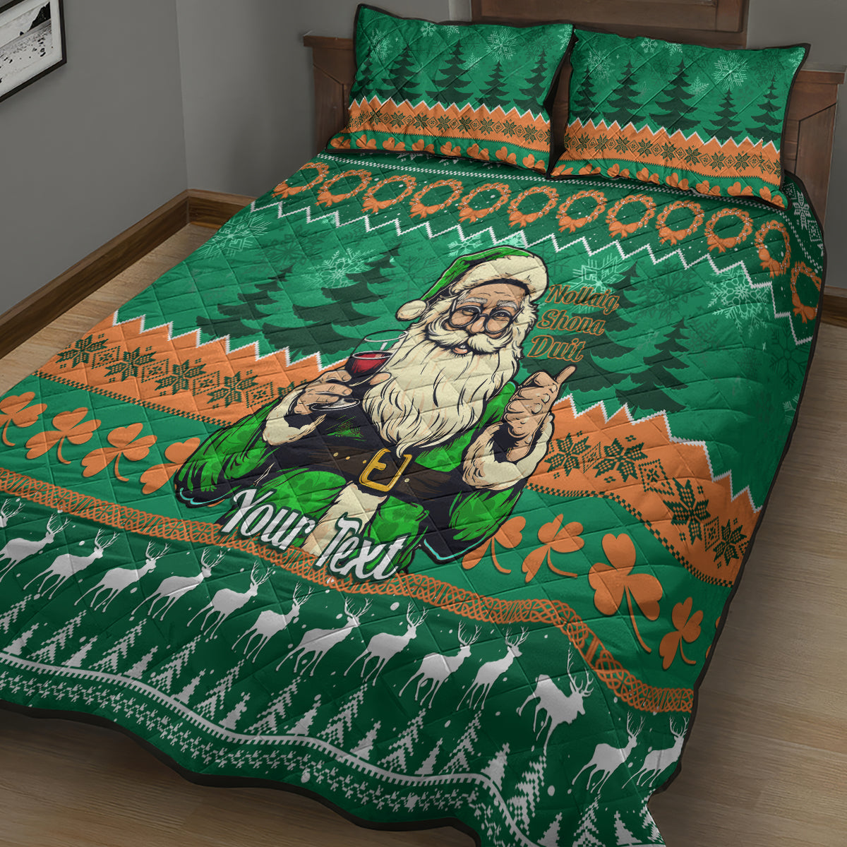 Personalised Ireland Christmas Quilt Bed Set Irish Santa Claus Nollaig Shona Duit - Wonder Print Shop