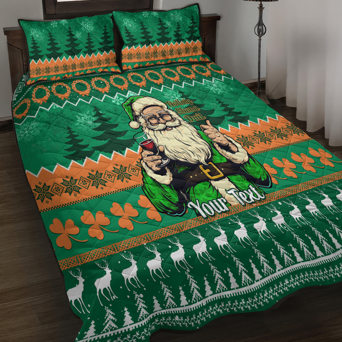 Personalised Ireland Christmas Quilt Bed Set Irish Santa Claus Nollaig Shona Duit - Wonder Print Shop