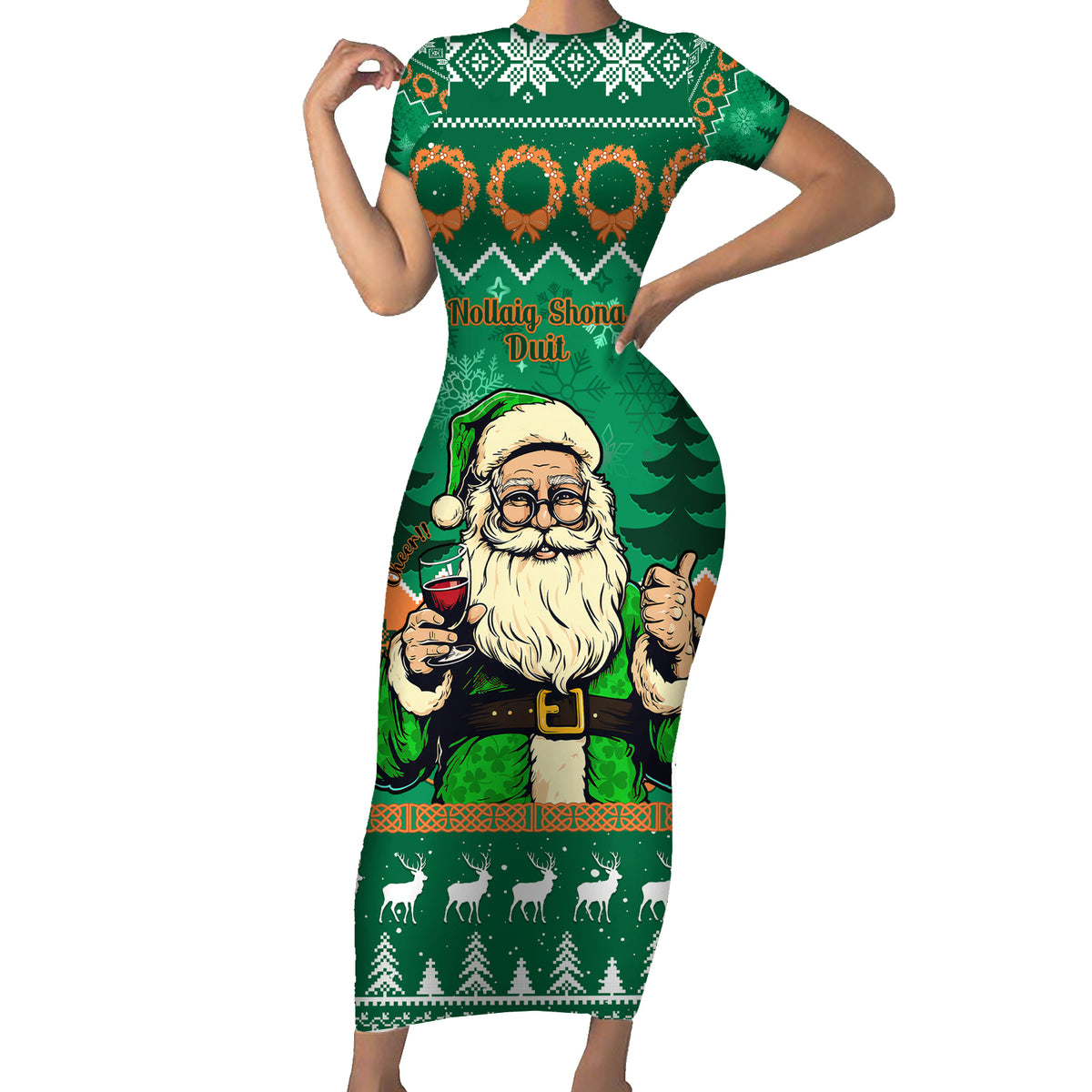 Personalised Ireland Christmas Short Sleeve Bodycon Dress Irish Santa Claus Nollaig Shona Duit - Wonder Print Shop