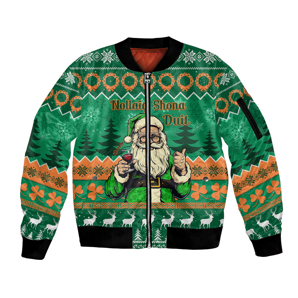 Personalised Ireland Christmas Sleeve Zip Bomber Jacket Irish Santa Claus Nollaig Shona Duit - Wonder Print Shop