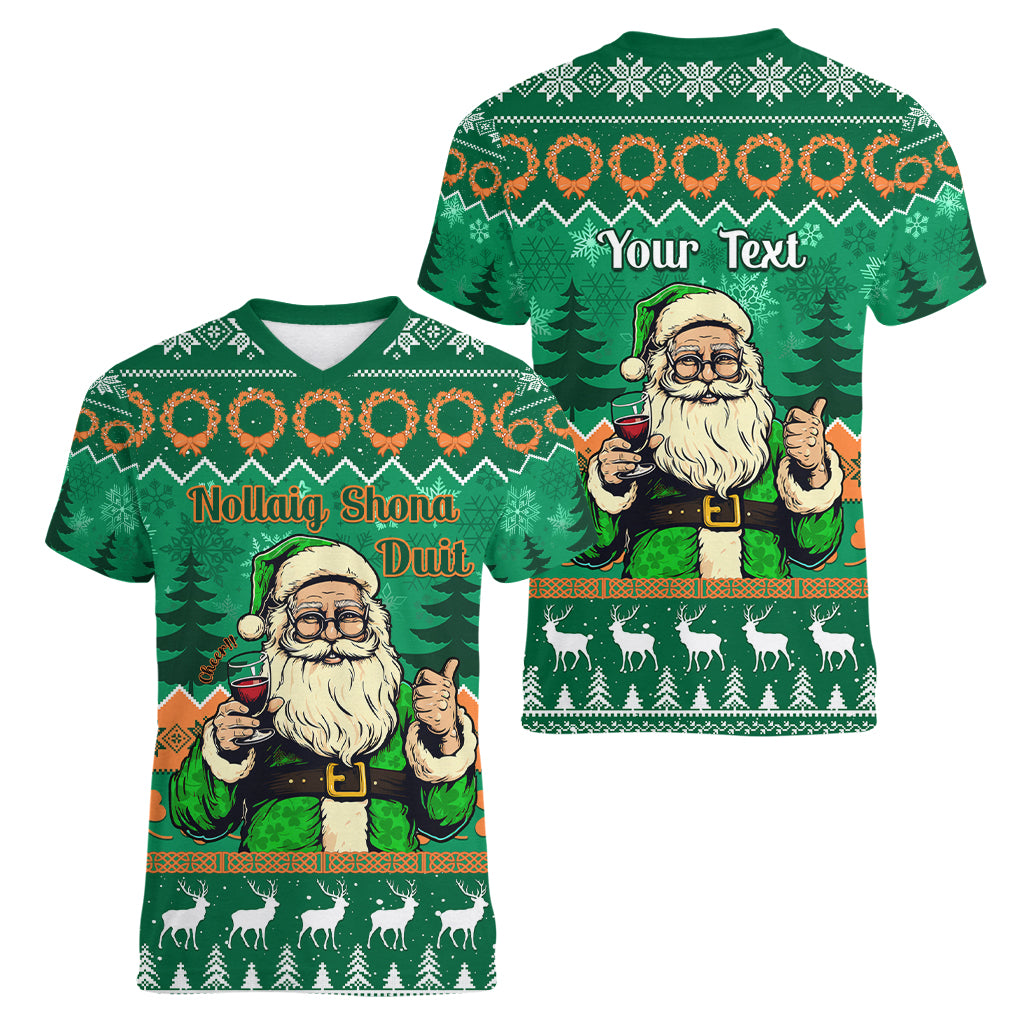Personalised Ireland Christmas Women V Neck T Shirt Irish Santa Claus Nollaig Shona Duit - Wonder Print Shop