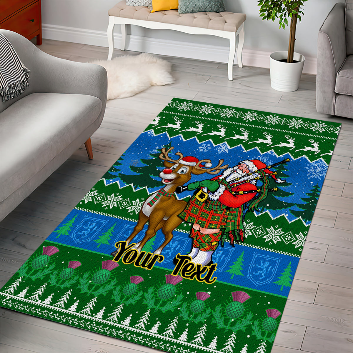 Personalised Scotland Christmas Area Rug Scottish Santa With Reindeer Nollaig Chridheil - Wonder Print Shop