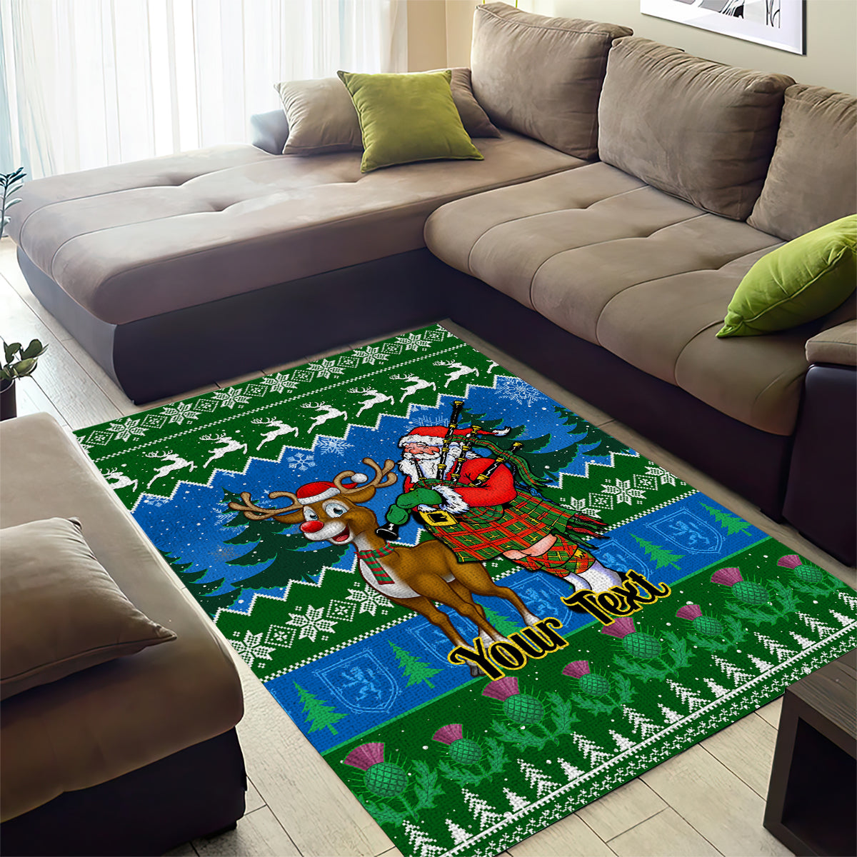 Personalised Scotland Christmas Area Rug Scottish Santa With Reindeer Nollaig Chridheil - Wonder Print Shop