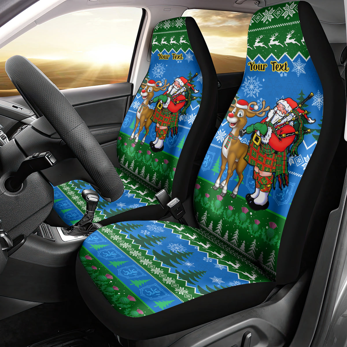 Personalised Scotland Christmas Car Seat Cover Scottish Santa With Reindeer Nollaig Chridheil - Wonder Print Shop