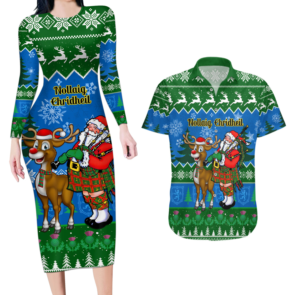 Personalised Scotland Christmas Couples Matching Long Sleeve Bodycon Dress and Hawaiian Shirt Scottish Santa With Reindeer Nollaig Chridheil - Wonder Print Shop