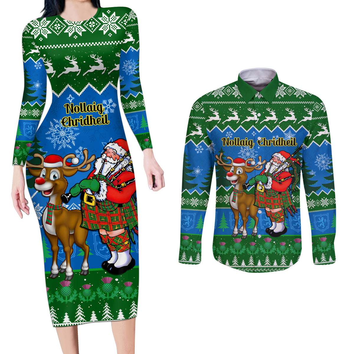 Personalised Scotland Christmas Couples Matching Long Sleeve Bodycon Dress and Long Sleeve Button Shirt Scottish Santa With Reindeer Nollaig Chridheil - Wonder Print Shop