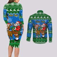 Personalised Scotland Christmas Couples Matching Long Sleeve Bodycon Dress and Long Sleeve Button Shirt Scottish Santa With Reindeer Nollaig Chridheil - Wonder Print Shop