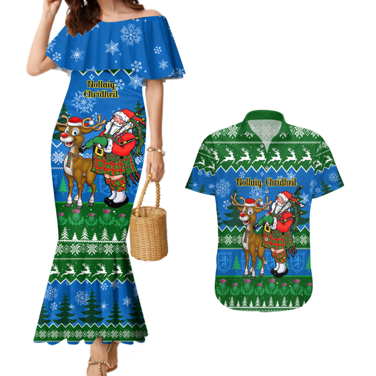 Personalised Scotland Christmas Couples Matching Mermaid Dress and Hawaiian Shirt Scottish Santa With Reindeer Nollaig Chridheil - Wonder Print Shop