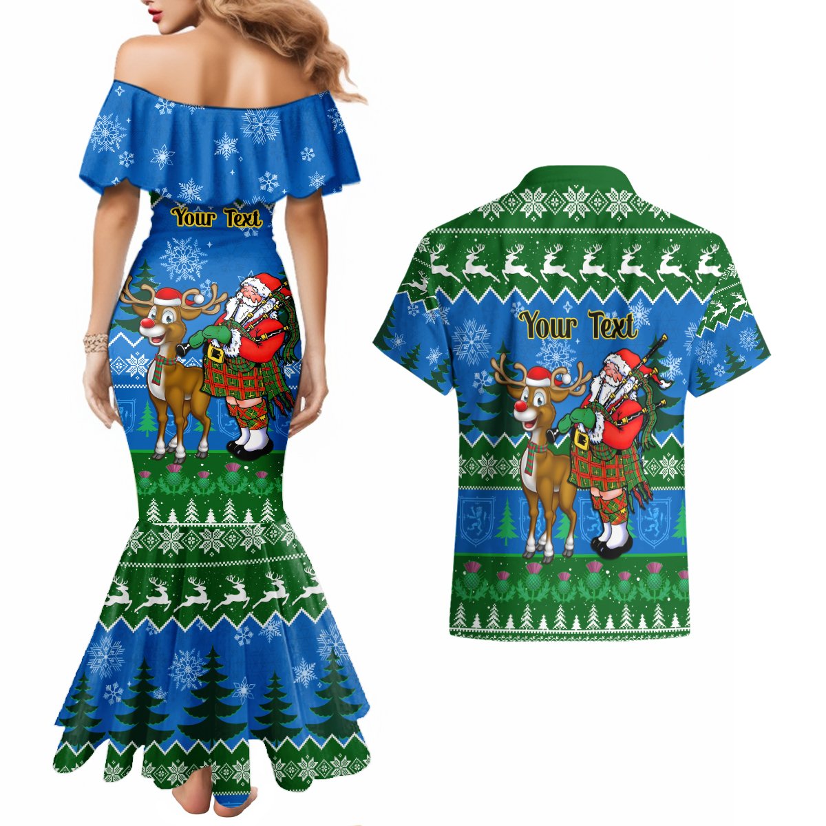 Personalised Scotland Christmas Couples Matching Mermaid Dress and Hawaiian Shirt Scottish Santa With Reindeer Nollaig Chridheil - Wonder Print Shop