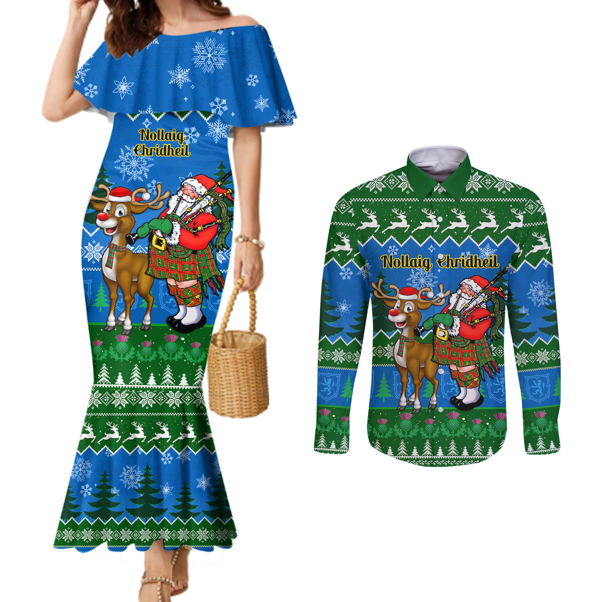 personalised-scotland-christmas-couples-matching-mermaid-dress-and-long-sleeve-button-shirt-scottish-santa-with-reindeer-nollaig-chridheil