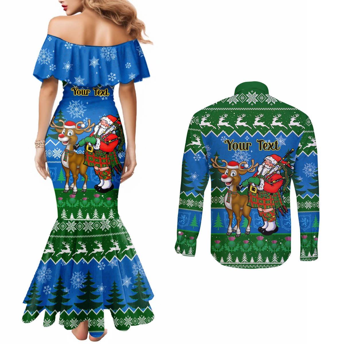 personalised-scotland-christmas-couples-matching-mermaid-dress-and-long-sleeve-button-shirt-scottish-santa-with-reindeer-nollaig-chridheil