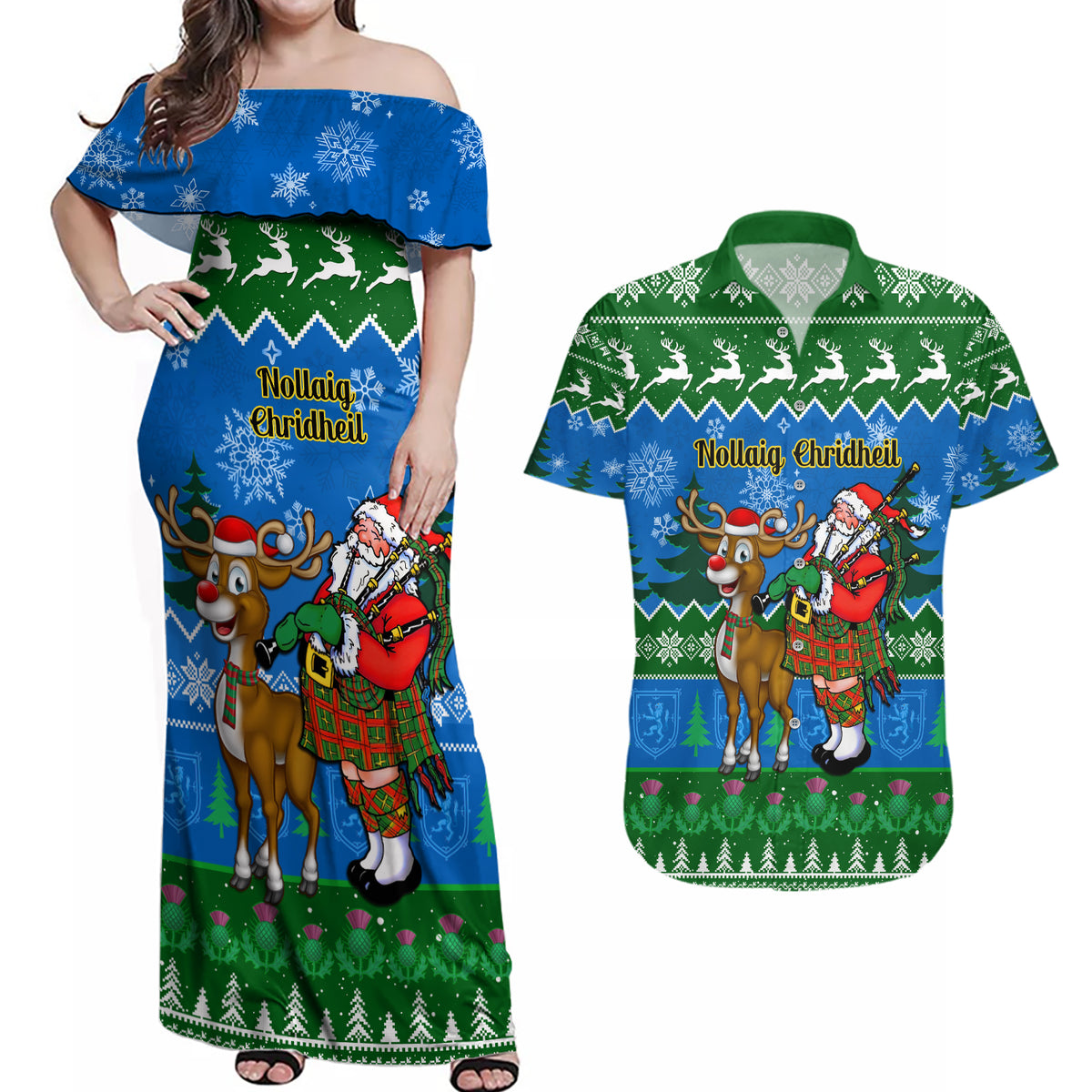Personalised Scotland Christmas Couples Matching Off Shoulder Maxi Dress and Hawaiian Shirt Scottish Santa With Reindeer Nollaig Chridheil - Wonder Print Shop