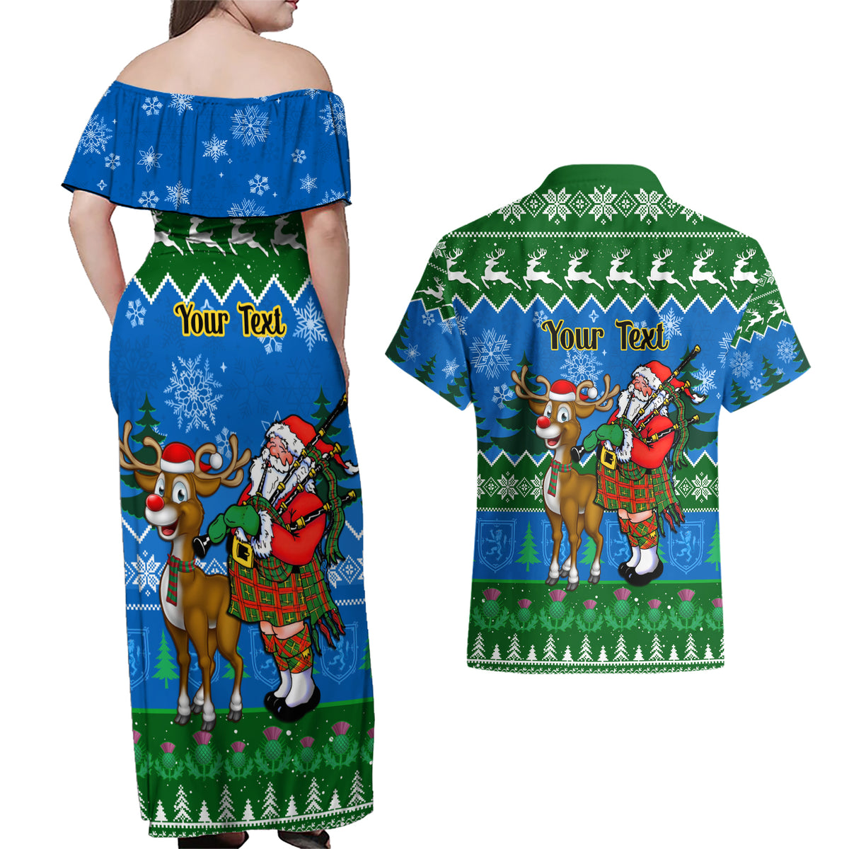 Personalised Scotland Christmas Couples Matching Off Shoulder Maxi Dress and Hawaiian Shirt Scottish Santa With Reindeer Nollaig Chridheil - Wonder Print Shop