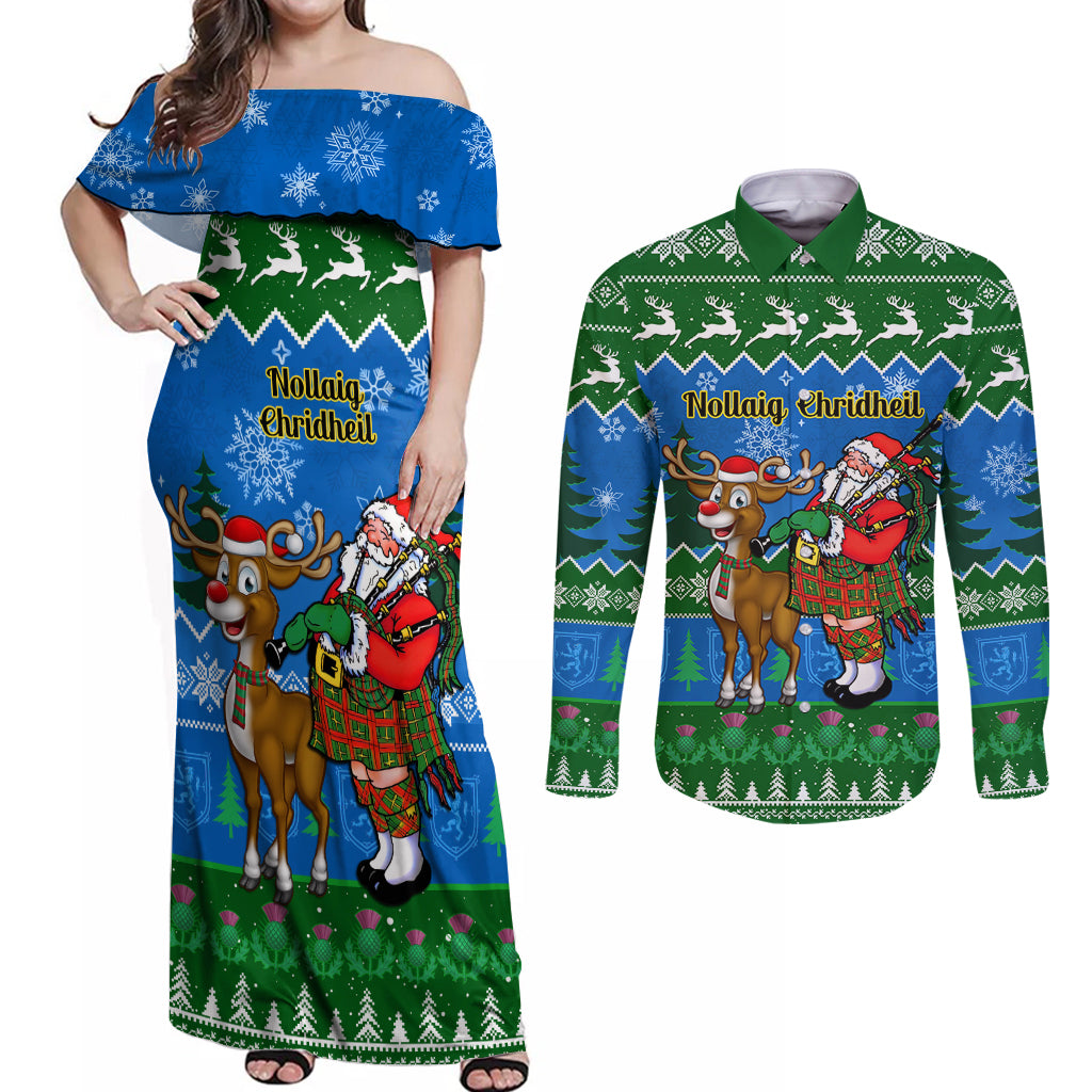 Personalised Scotland Christmas Couples Matching Off Shoulder Maxi Dress and Long Sleeve Button Shirt Scottish Santa With Reindeer Nollaig Chridheil - Wonder Print Shop