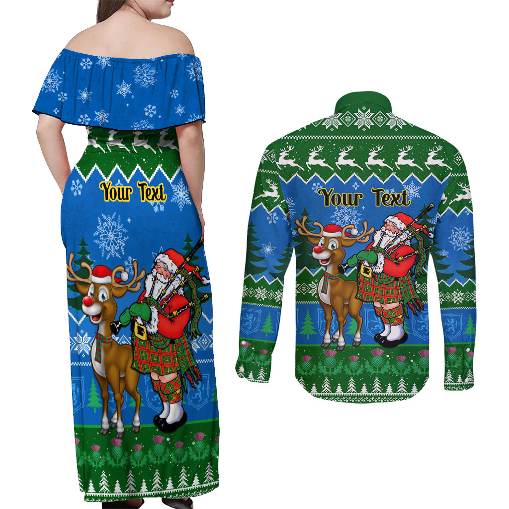 Personalised Scotland Christmas Couples Matching Off Shoulder Maxi Dress and Long Sleeve Button Shirt Scottish Santa With Reindeer Nollaig Chridheil - Wonder Print Shop