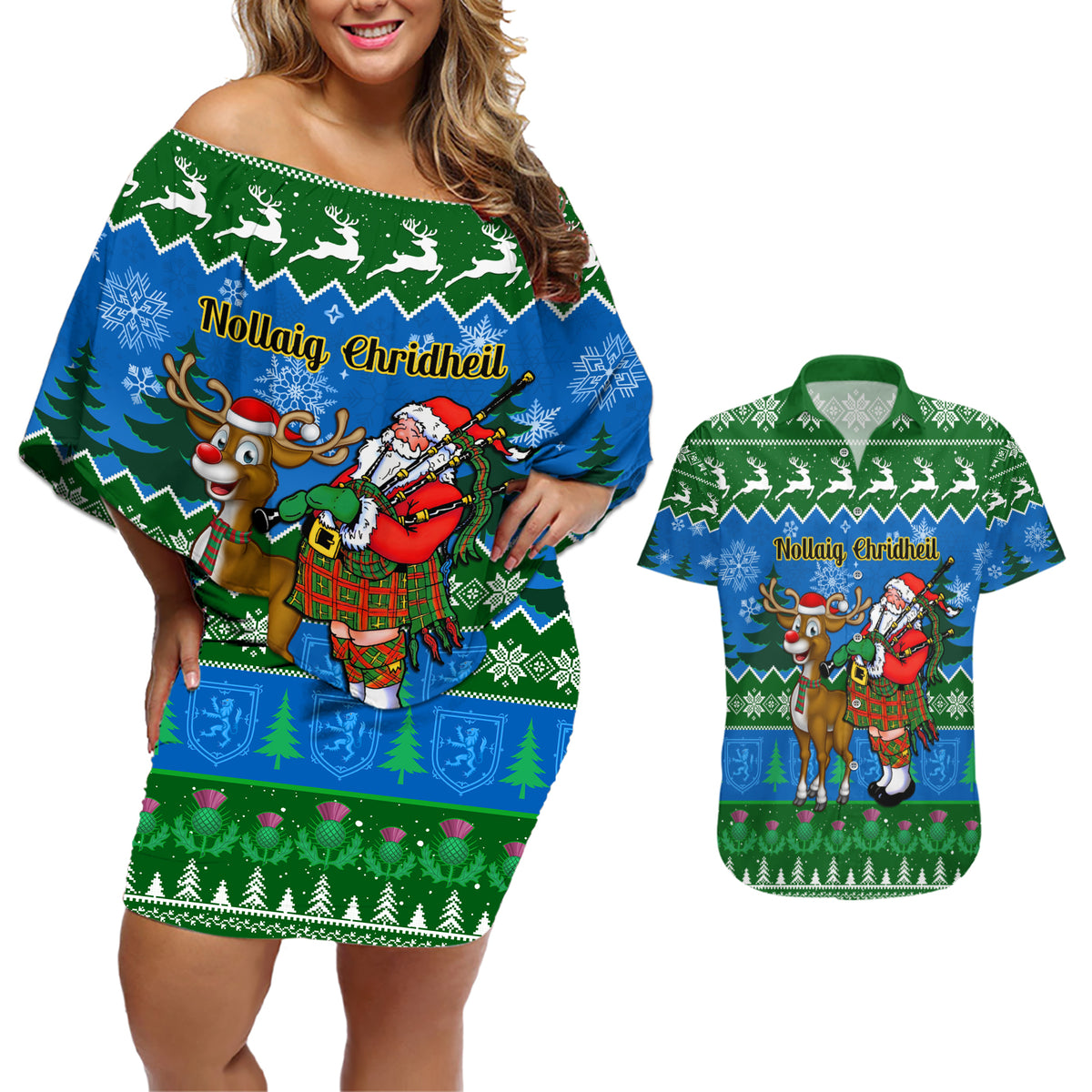 Personalised Scotland Christmas Couples Matching Off Shoulder Short Dress and Hawaiian Shirt Scottish Santa With Reindeer Nollaig Chridheil - Wonder Print Shop