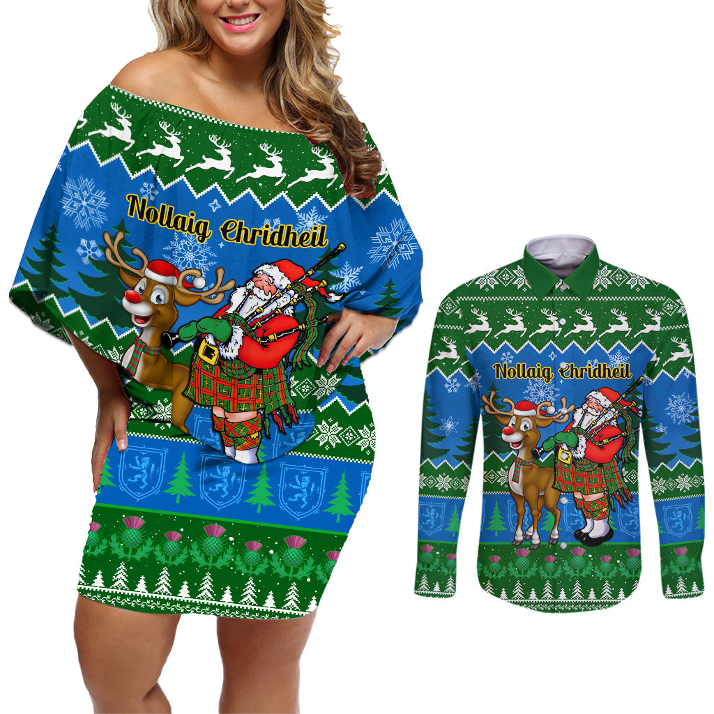 Personalised Scotland Christmas Couples Matching Off Shoulder Short Dress and Long Sleeve Button Shirt Scottish Santa With Reindeer Nollaig Chridheil - Wonder Print Shop