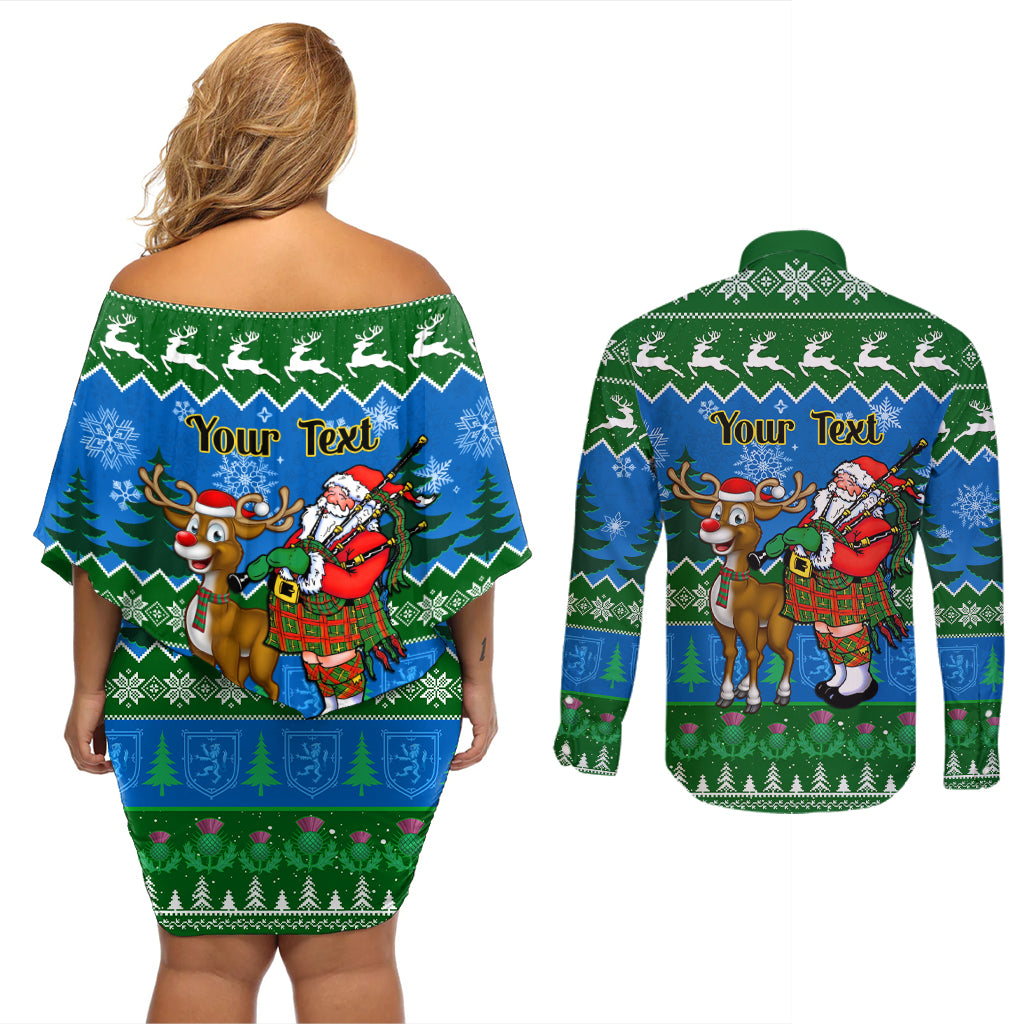 Personalised Scotland Christmas Couples Matching Off Shoulder Short Dress and Long Sleeve Button Shirt Scottish Santa With Reindeer Nollaig Chridheil - Wonder Print Shop