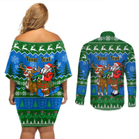 Personalised Scotland Christmas Couples Matching Off Shoulder Short Dress and Long Sleeve Button Shirt Scottish Santa With Reindeer Nollaig Chridheil - Wonder Print Shop