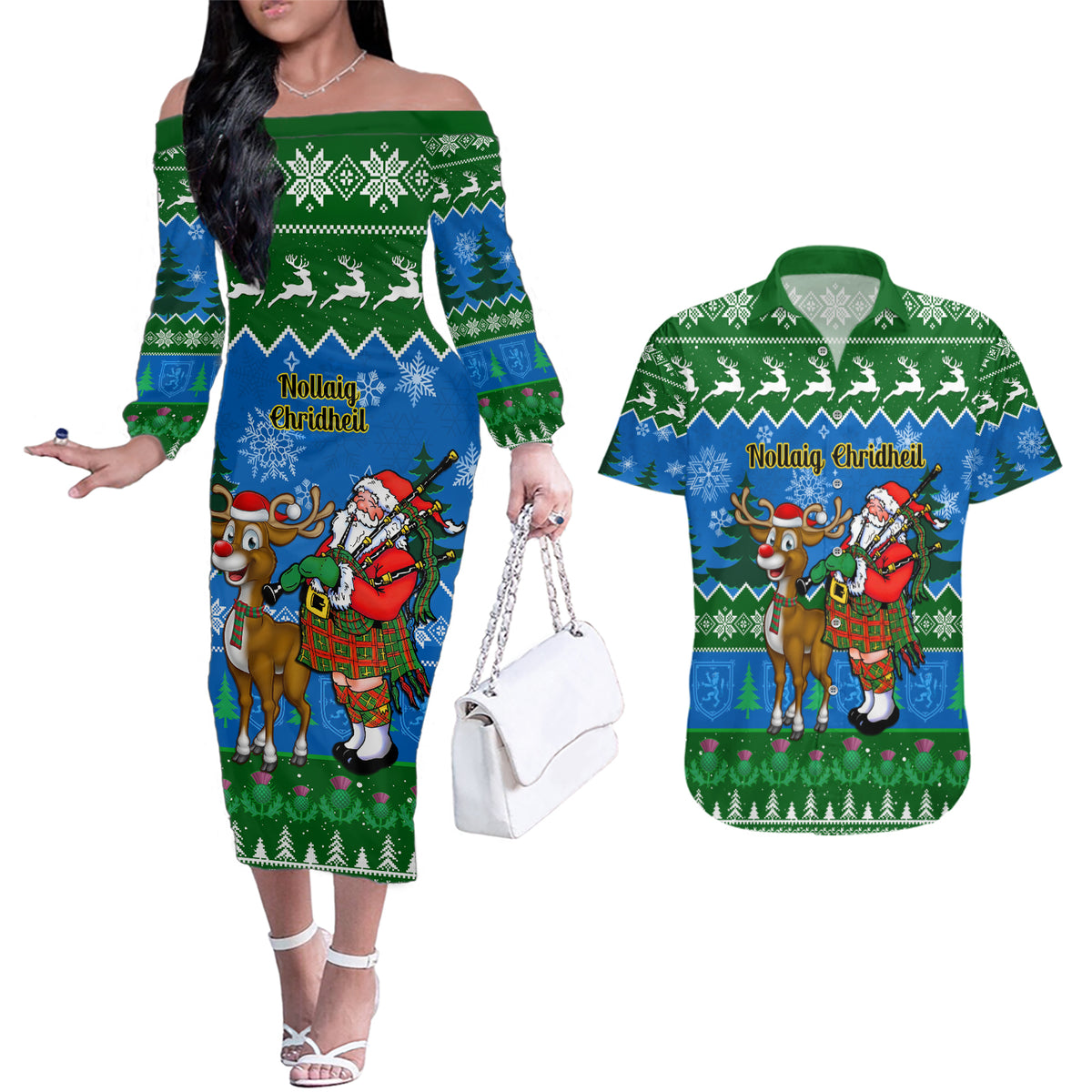 Personalised Scotland Christmas Couples Matching Off The Shoulder Long Sleeve Dress and Hawaiian Shirt Scottish Santa With Reindeer Nollaig Chridheil - Wonder Print Shop