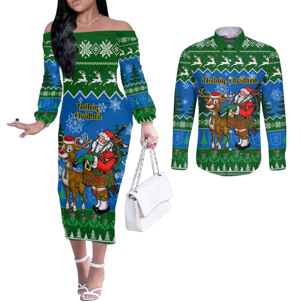 personalised-scotland-christmas-couples-matching-off-the-shoulder-long-sleeve-dress-and-long-sleeve-button-shirt-scottish-santa-with-reindeer-nollaig-chridheil