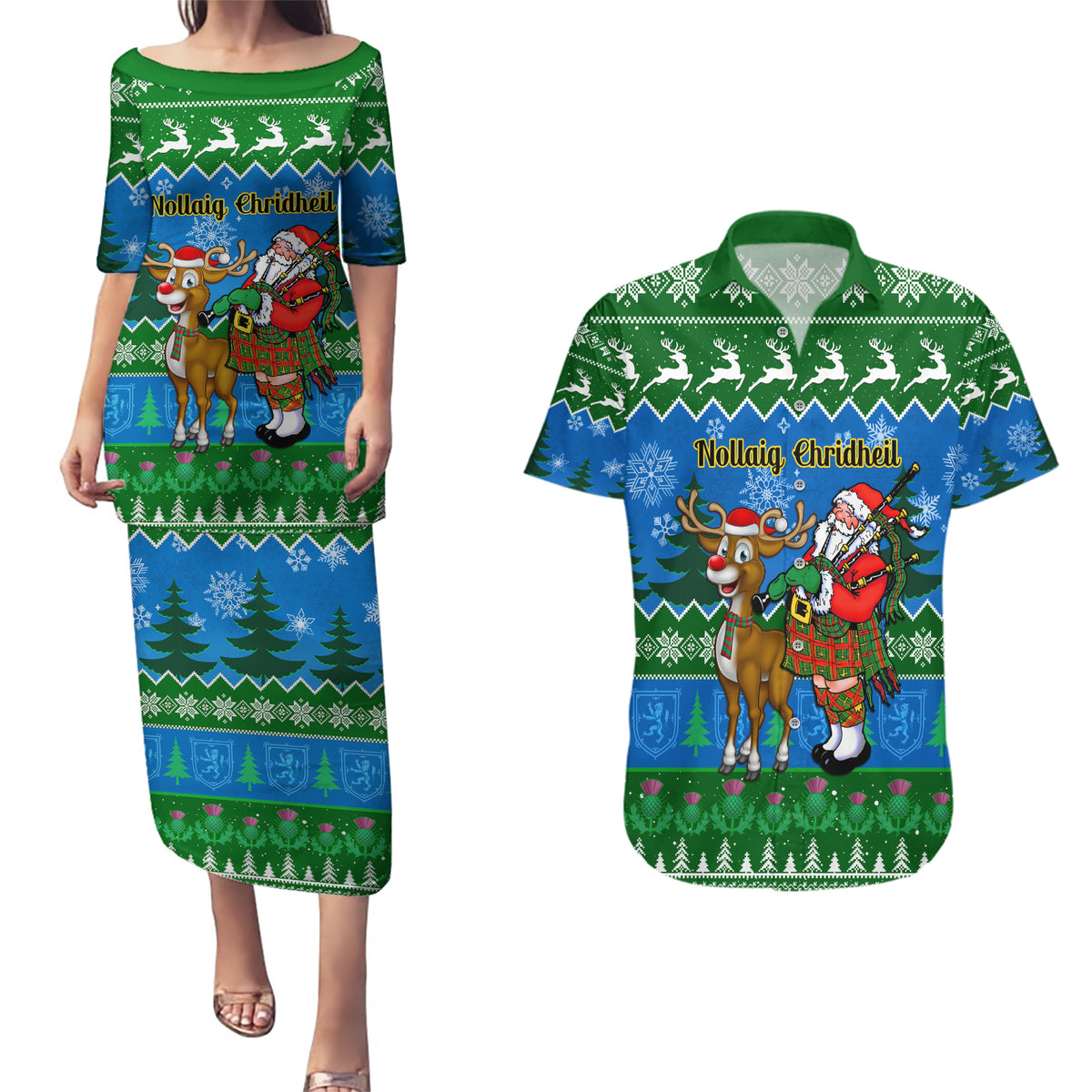 Personalised Scotland Christmas Couples Matching Puletasi Dress and Hawaiian Shirt Scottish Santa With Reindeer Nollaig Chridheil - Wonder Print Shop
