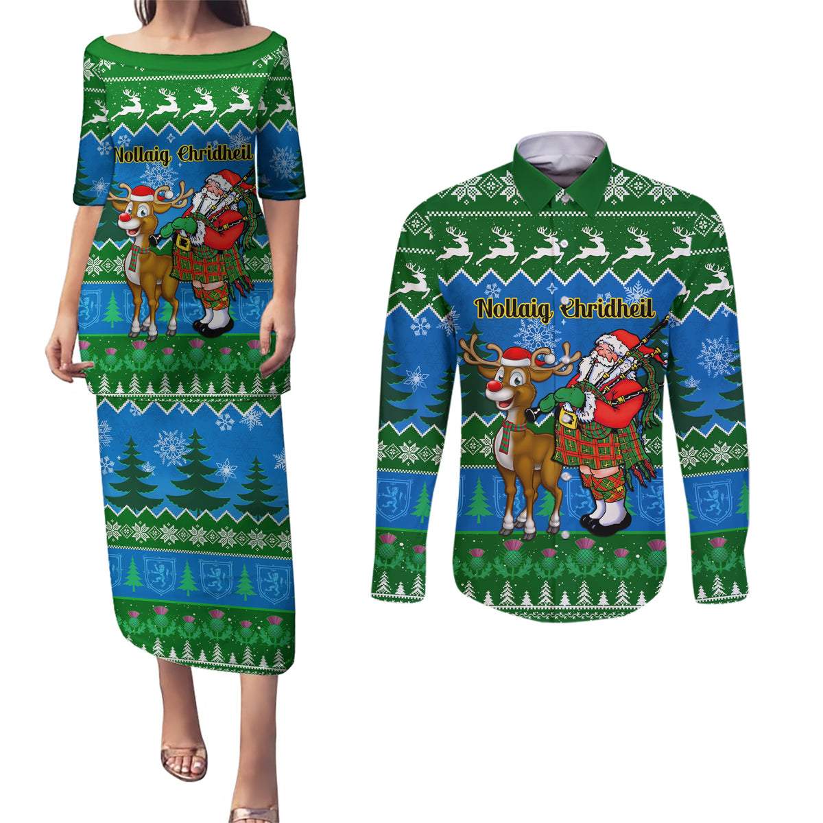 Personalised Scotland Christmas Couples Matching Puletasi Dress and Long Sleeve Button Shirt Scottish Santa With Reindeer Nollaig Chridheil - Wonder Print Shop