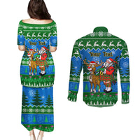 Personalised Scotland Christmas Couples Matching Puletasi Dress and Long Sleeve Button Shirt Scottish Santa With Reindeer Nollaig Chridheil - Wonder Print Shop