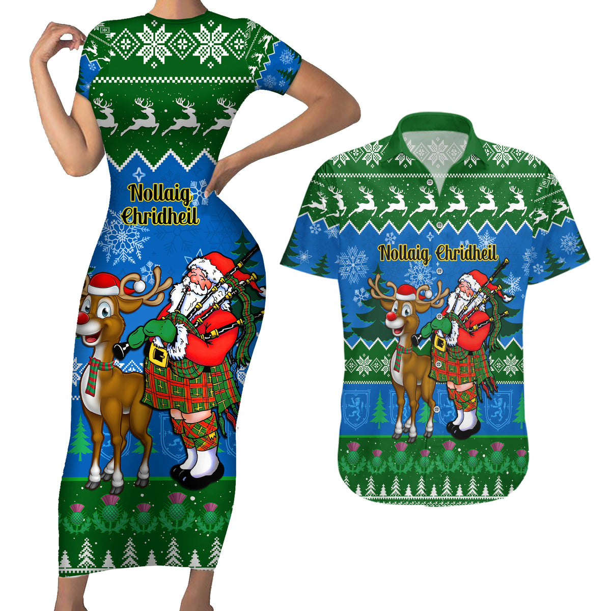 Personalised Scotland Christmas Couples Matching Short Sleeve Bodycon Dress and Hawaiian Shirt Scottish Santa With Reindeer Nollaig Chridheil - Wonder Print Shop