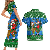 Personalised Scotland Christmas Couples Matching Short Sleeve Bodycon Dress and Hawaiian Shirt Scottish Santa With Reindeer Nollaig Chridheil - Wonder Print Shop