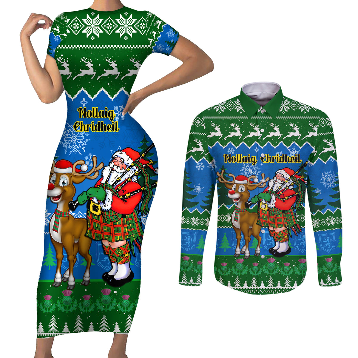 Personalised Scotland Christmas Couples Matching Short Sleeve Bodycon Dress and Long Sleeve Button Shirt Scottish Santa With Reindeer Nollaig Chridheil - Wonder Print Shop