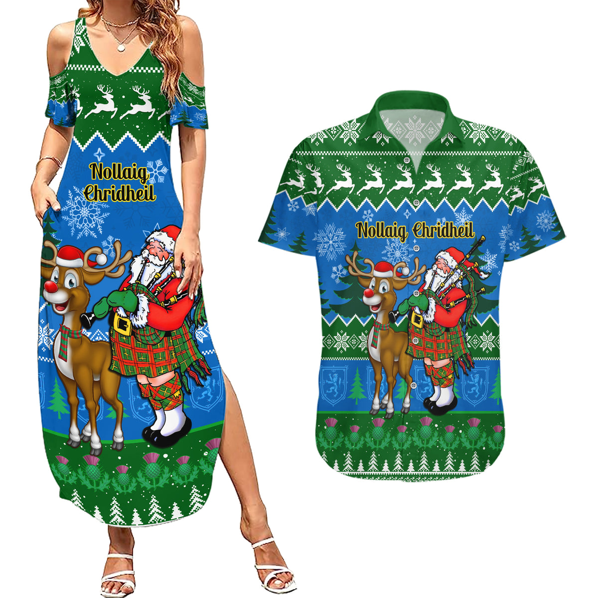 Personalised Scotland Christmas Couples Matching Summer Maxi Dress and Hawaiian Shirt Scottish Santa With Reindeer Nollaig Chridheil - Wonder Print Shop