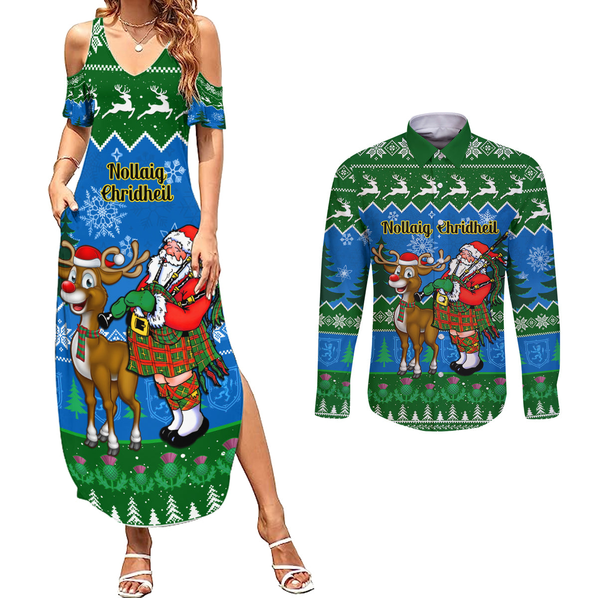 Personalised Scotland Christmas Couples Matching Summer Maxi Dress and Long Sleeve Button Shirt Scottish Santa With Reindeer Nollaig Chridheil - Wonder Print Shop