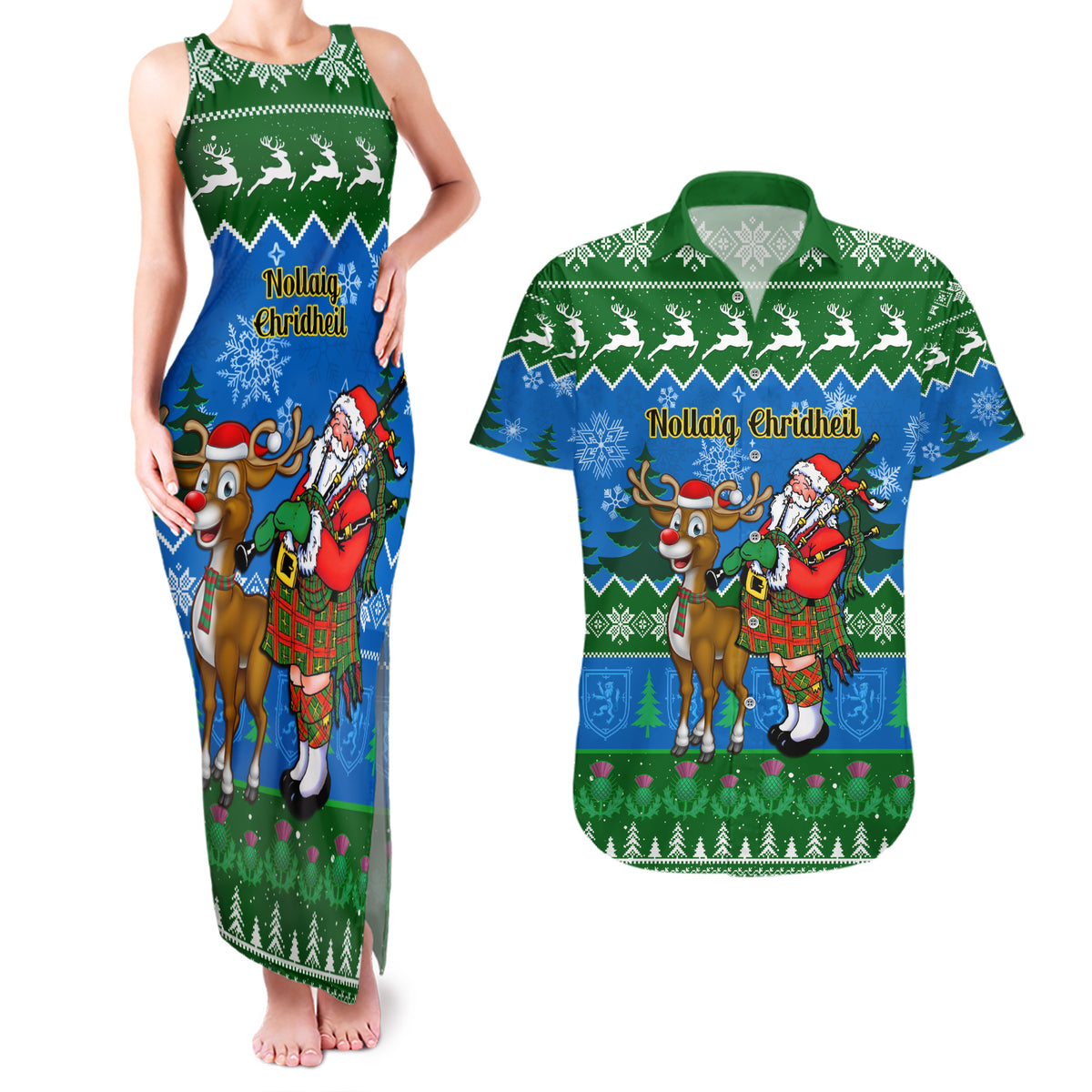 Personalised Scotland Christmas Couples Matching Tank Maxi Dress and Hawaiian Shirt Scottish Santa With Reindeer Nollaig Chridheil - Wonder Print Shop