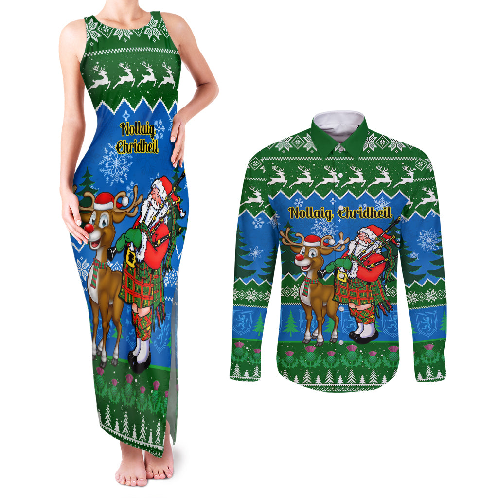Personalised Scotland Christmas Couples Matching Tank Maxi Dress and Long Sleeve Button Shirt Scottish Santa With Reindeer Nollaig Chridheil - Wonder Print Shop