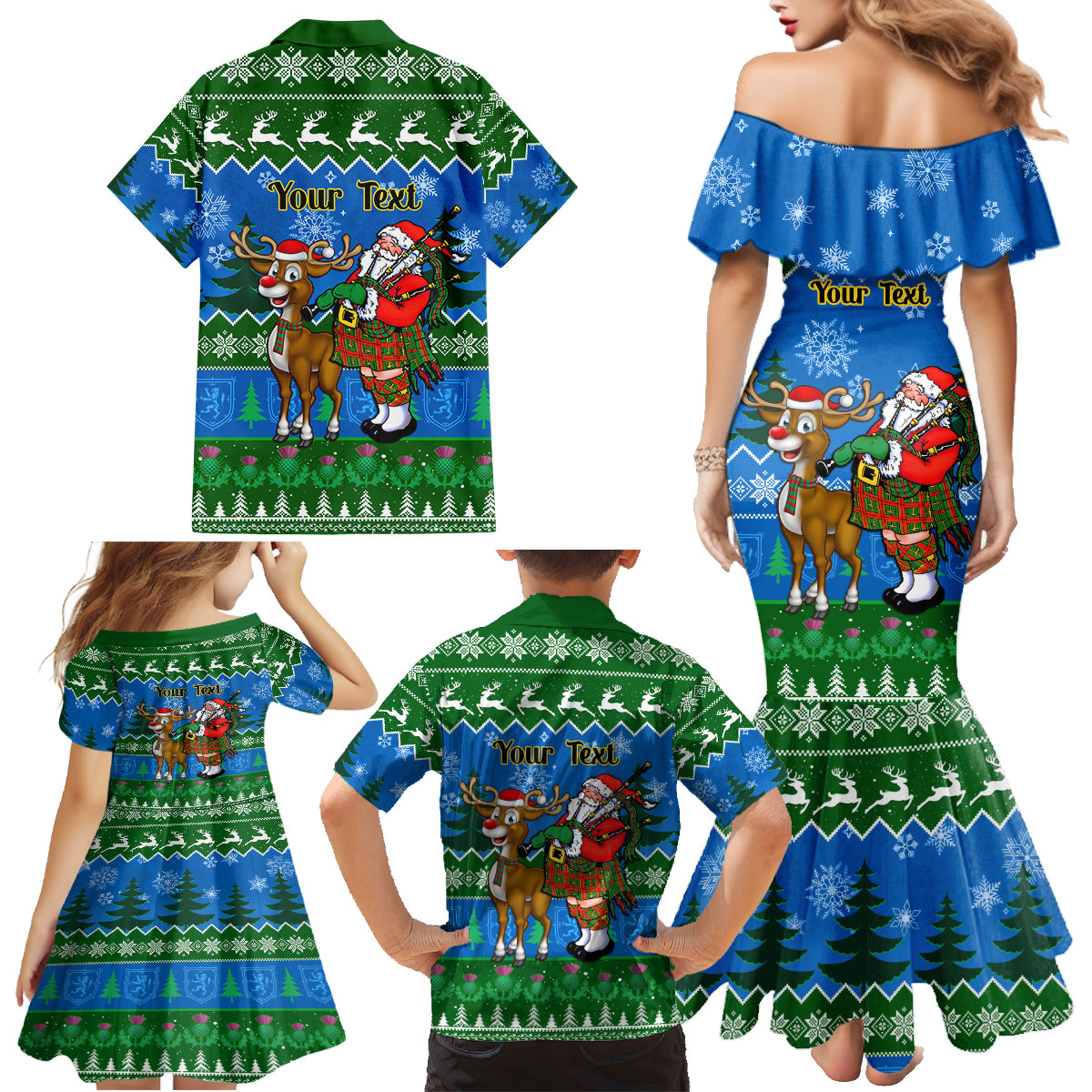 Personalised Scotland Christmas Family Matching Mermaid Dress and Hawaiian Shirt Scottish Santa With Reindeer Nollaig Chridheil - Wonder Print Shop