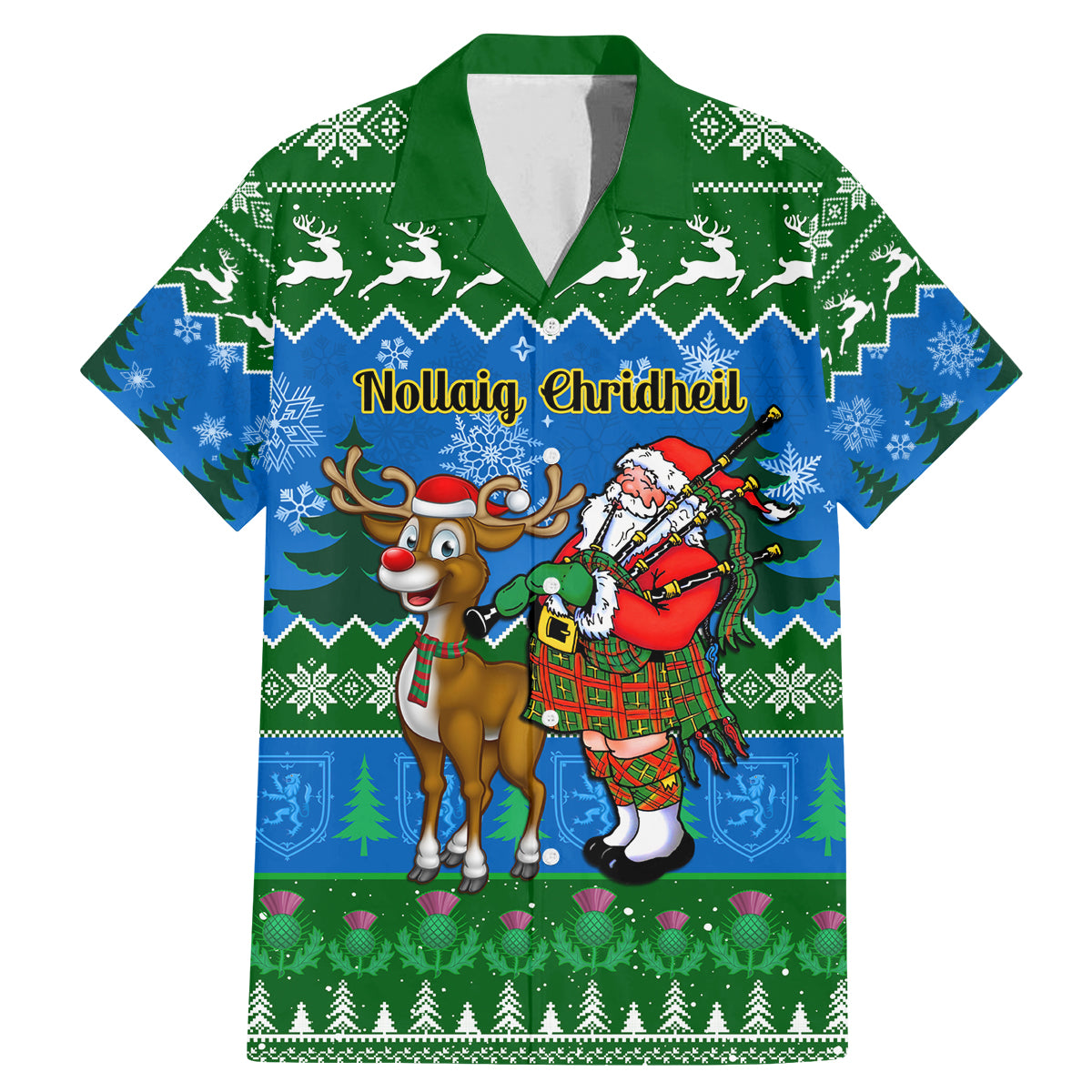 Personalised Scotland Christmas Family Matching Mermaid Dress and Hawaiian Shirt Scottish Santa With Reindeer Nollaig Chridheil - Wonder Print Shop