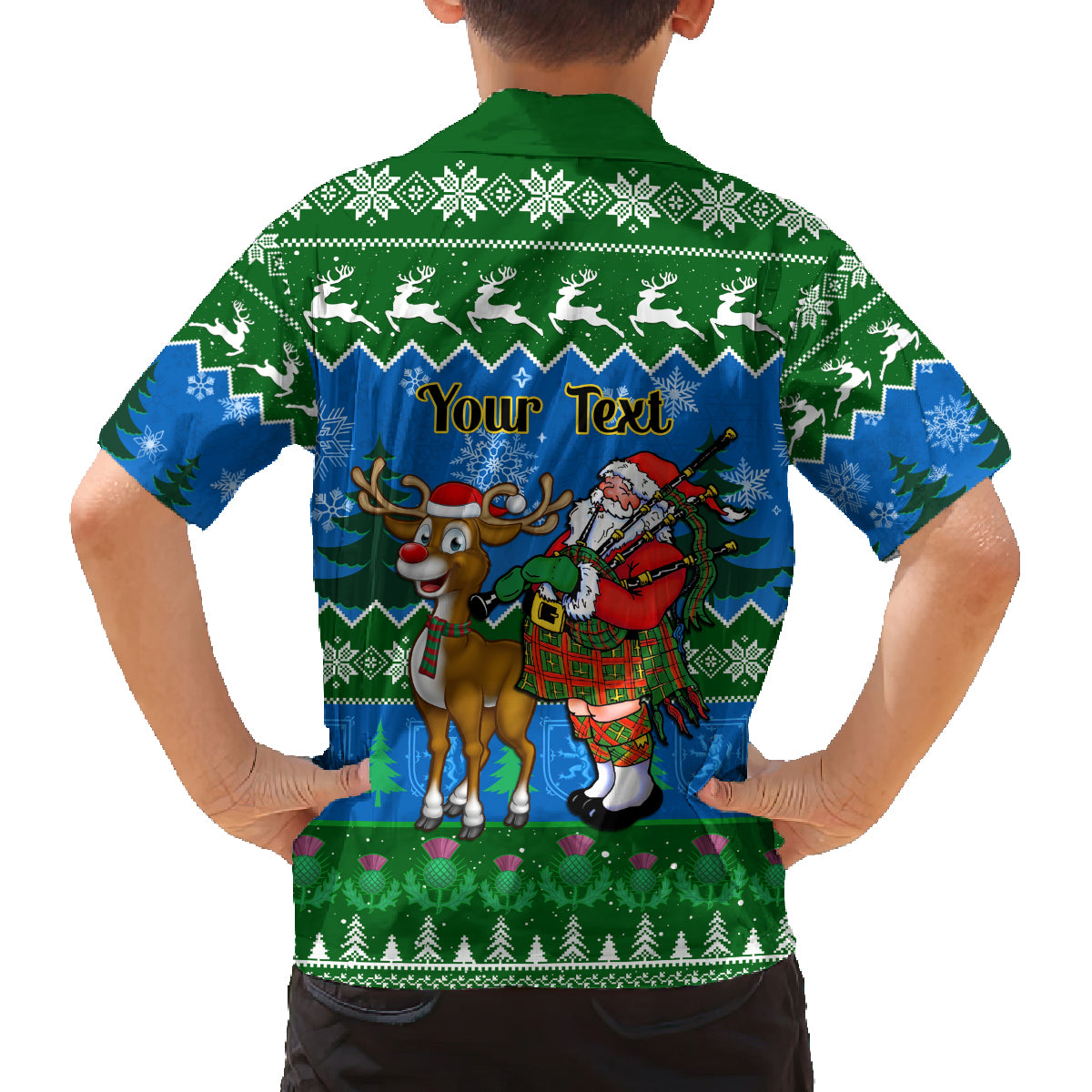 Personalised Scotland Christmas Family Matching Off Shoulder Long Sleeve Dress and Hawaiian Shirt Scottish Santa With Reindeer Nollaig Chridheil - Wonder Print Shop