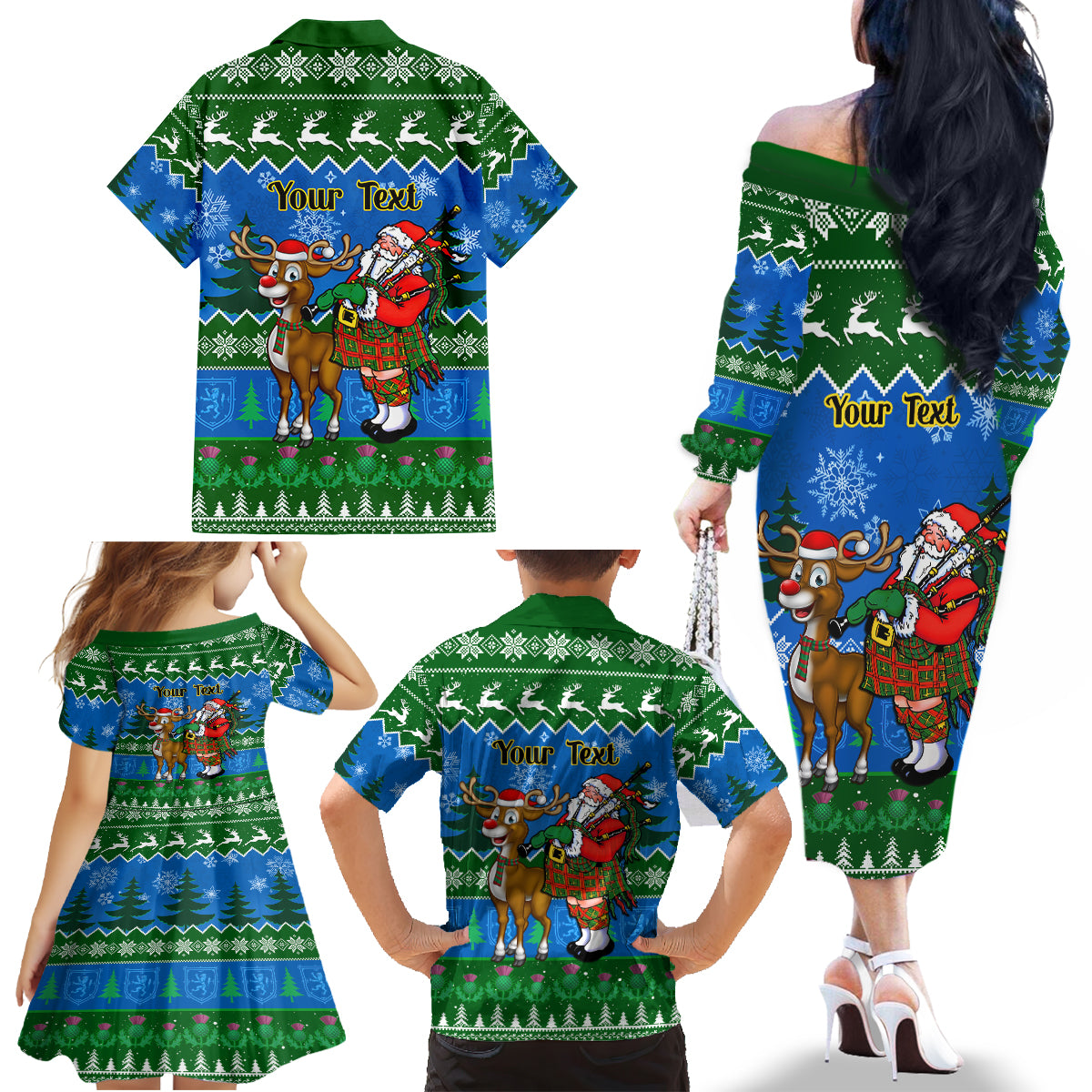 Personalised Scotland Christmas Family Matching Off Shoulder Long Sleeve Dress and Hawaiian Shirt Scottish Santa With Reindeer Nollaig Chridheil - Wonder Print Shop
