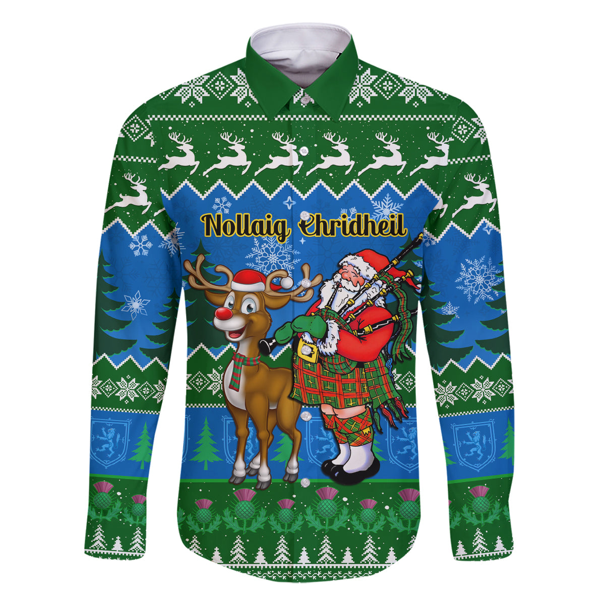 Personalised Scotland Christmas Family Matching Off Shoulder Long Sleeve Dress and Hawaiian Shirt Scottish Santa With Reindeer Nollaig Chridheil - Wonder Print Shop