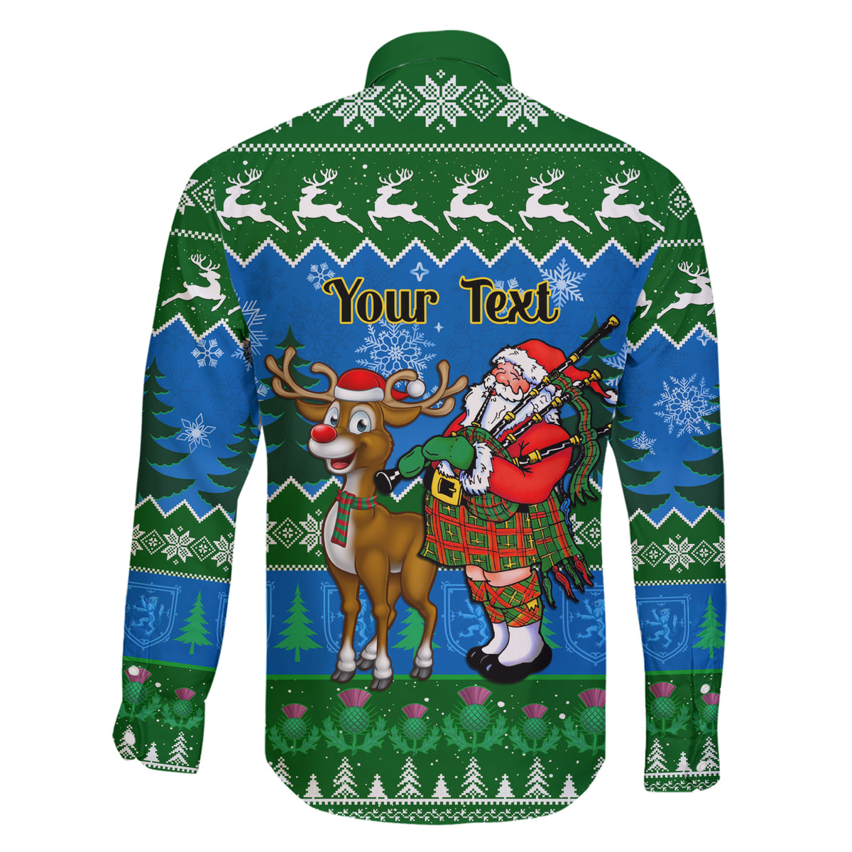 Personalised Scotland Christmas Family Matching Short Sleeve Bodycon Dress and Hawaiian Shirt Scottish Santa With Reindeer Nollaig Chridheil - Wonder Print Shop