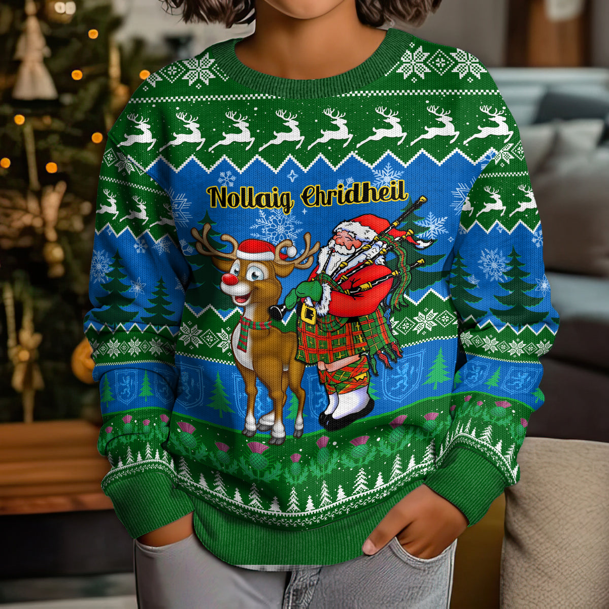 Personalised Scotland Christmas Kid Ugly Christmas Sweater Scottish Santa With Reindeer Nollaig Chridheil - Wonder Print Shop