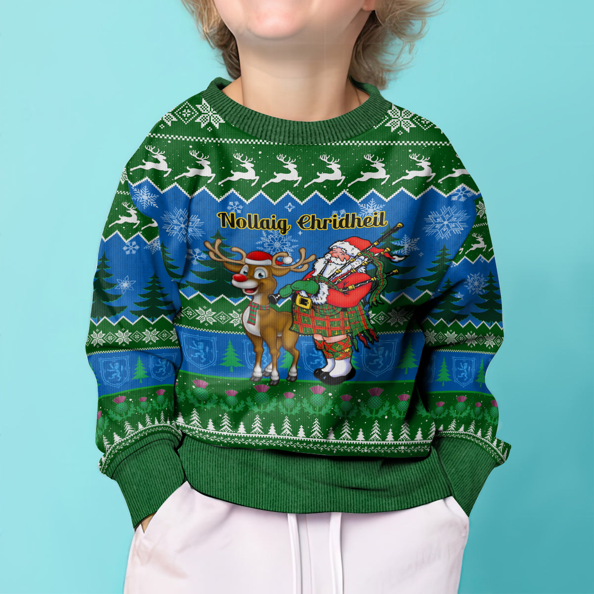 Personalised Scotland Christmas Kid Ugly Christmas Sweater Scottish Santa With Reindeer Nollaig Chridheil - Wonder Print Shop