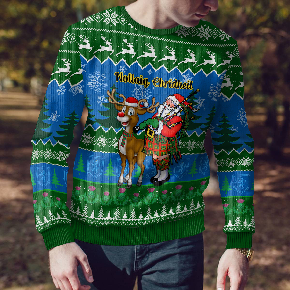 Personalised Scotland Christmas Ugly Christmas Sweater Scottish Santa With Reindeer Nollaig Chridheil - Wonder Print Shop