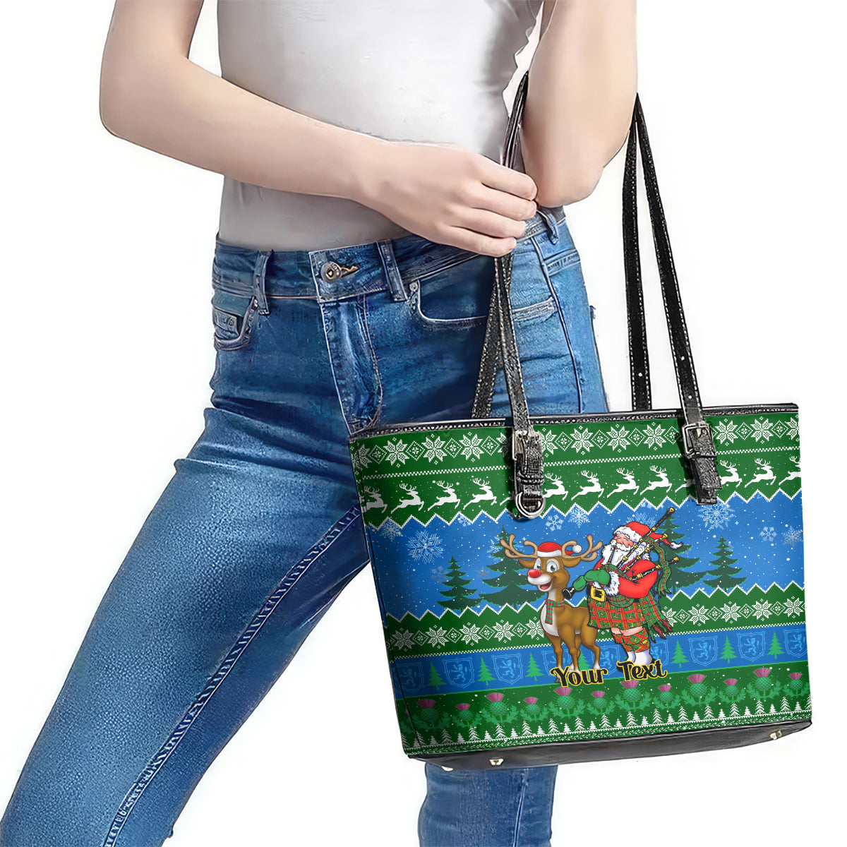 Personalised Scotland Christmas Leather Tote Bag Scottish Santa With Reindeer Nollaig Chridheil - Wonder Print Shop