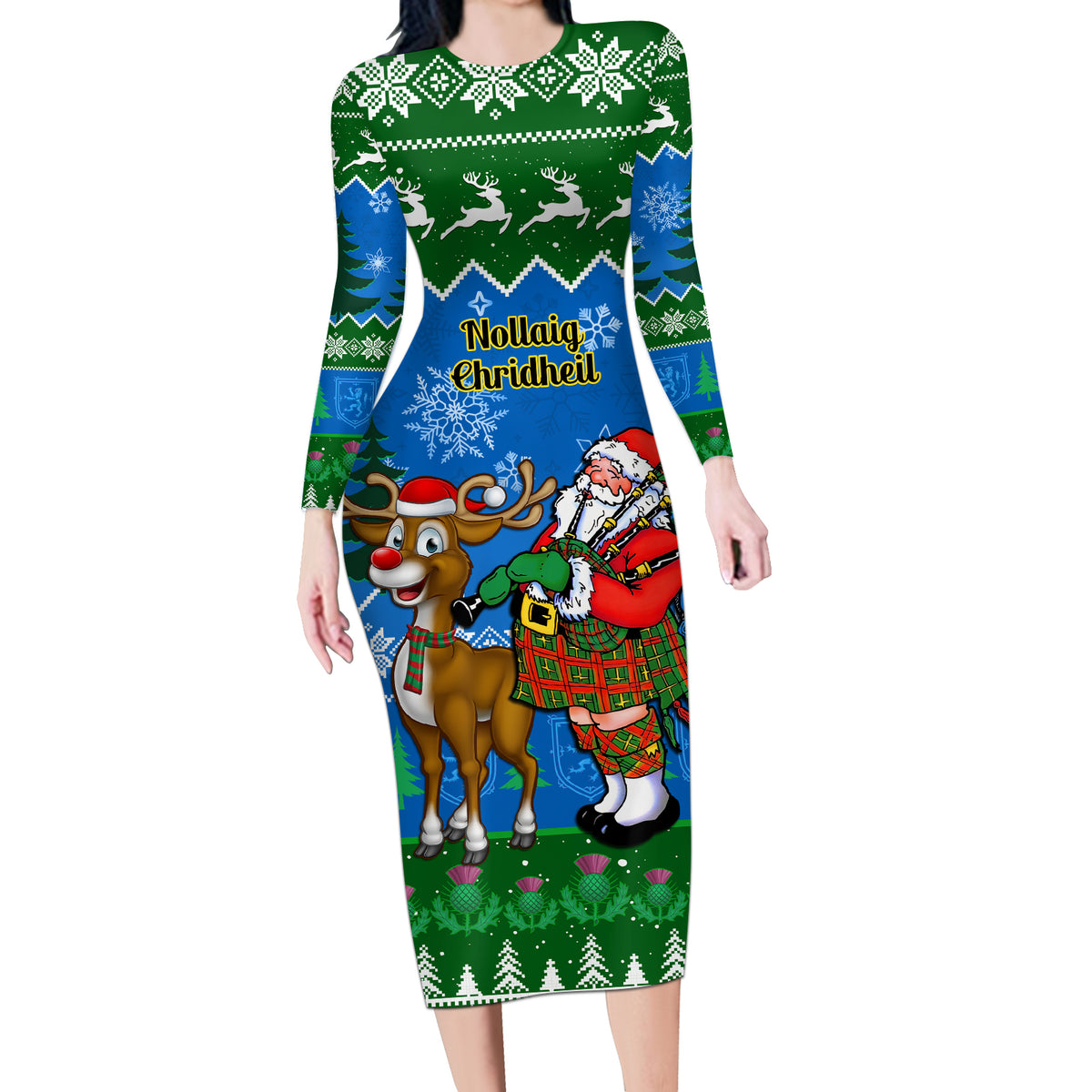 Personalised Scotland Christmas Long Sleeve Bodycon Dress Scottish Santa With Reindeer Nollaig Chridheil - Wonder Print Shop