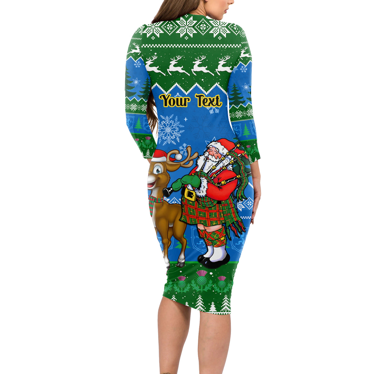 Personalised Scotland Christmas Long Sleeve Bodycon Dress Scottish Santa With Reindeer Nollaig Chridheil - Wonder Print Shop