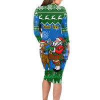 Personalised Scotland Christmas Long Sleeve Bodycon Dress Scottish Santa With Reindeer Nollaig Chridheil - Wonder Print Shop