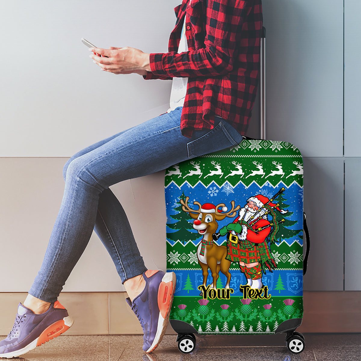 Personalised Scotland Christmas Luggage Cover Scottish Santa With Reindeer Nollaig Chridheil - Wonder Print Shop