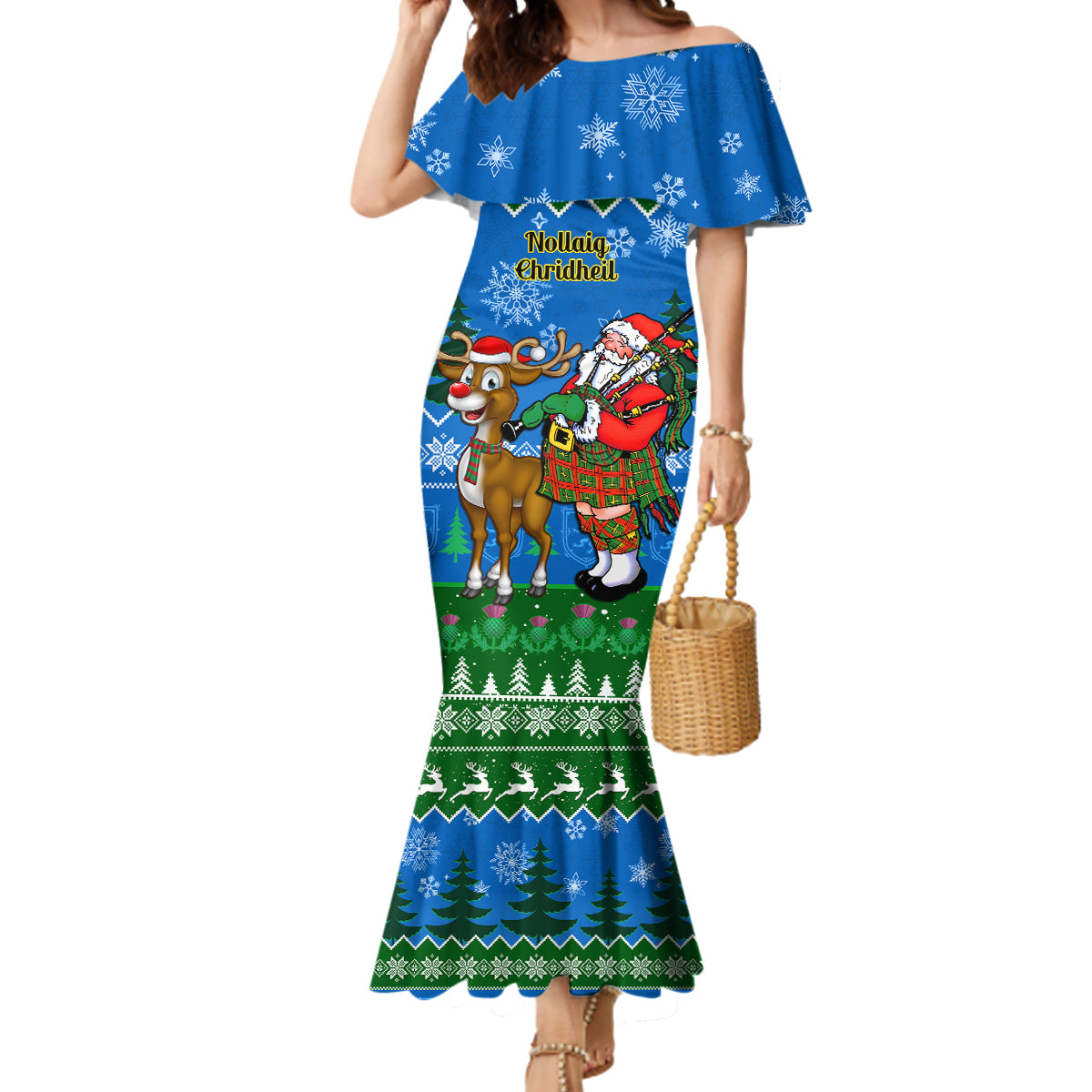 Personalised Scotland Christmas Mermaid Dress Scottish Santa With Reindeer Nollaig Chridheil - Wonder Print Shop